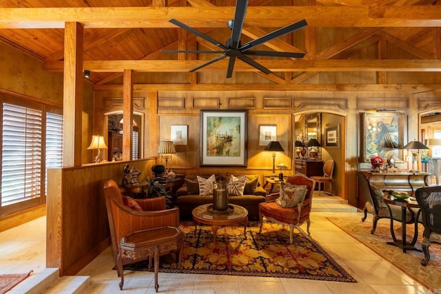 living room with high vaulted ceiling, wooden ceiling, and wooden walls