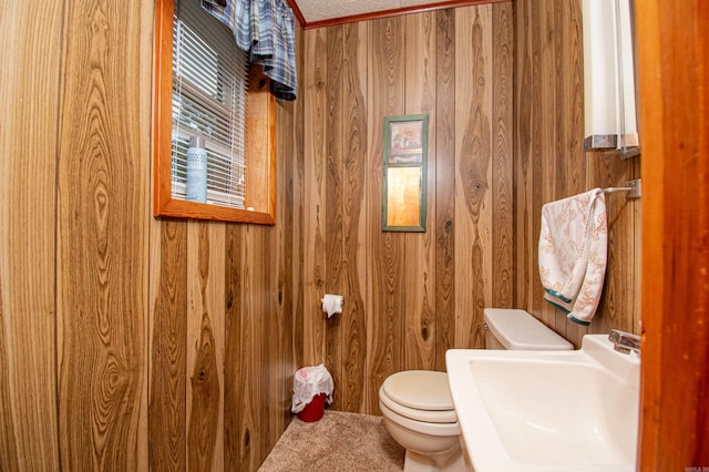 bathroom with sink, toilet, and wood walls