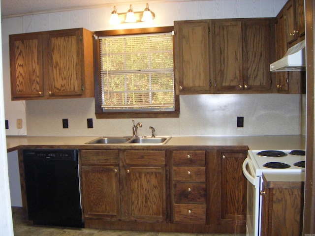 kitchen featuring black dishwasher, white electric stove, and sink