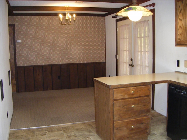 kitchen with dishwasher, light carpet, beamed ceiling, kitchen peninsula, and a chandelier