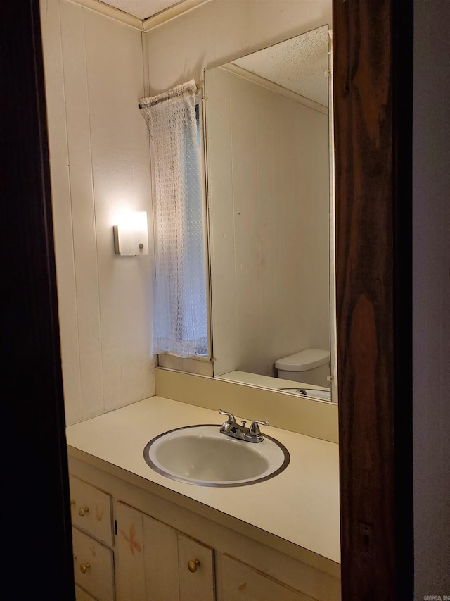 bathroom featuring vanity, a textured ceiling, and toilet