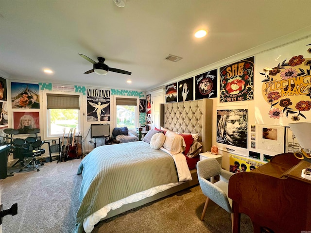 carpeted bedroom with ceiling fan