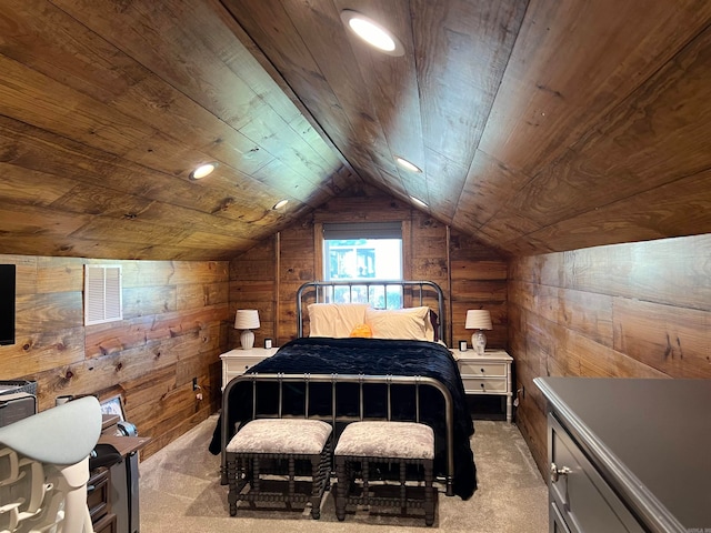 bedroom featuring wooden walls, light carpet, vaulted ceiling, and wooden ceiling