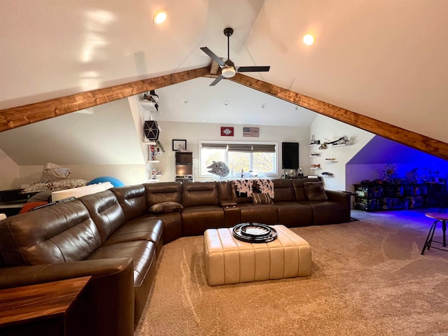 living room featuring carpet flooring, ceiling fan, and lofted ceiling with beams