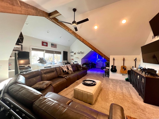 carpeted living room with ceiling fan and lofted ceiling with beams