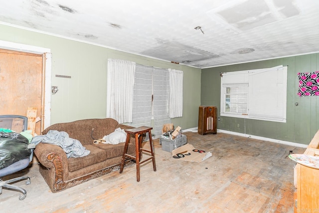 living room featuring wooden walls