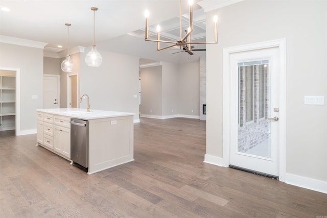 kitchen featuring white cabinets, pendant lighting, hardwood / wood-style flooring, a center island with sink, and dishwasher