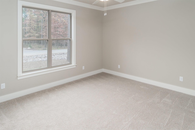 carpeted empty room with crown molding and ceiling fan