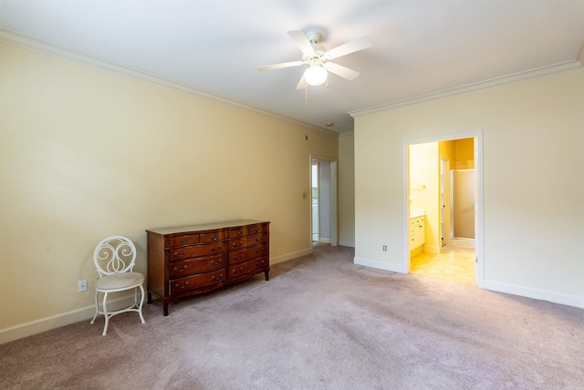 unfurnished bedroom with ensuite bathroom, ceiling fan, light colored carpet, and ornamental molding