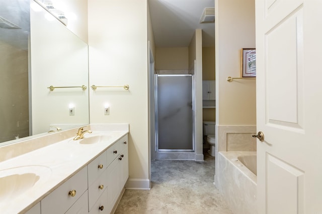 full bathroom with plus walk in shower, vanity, and toilet