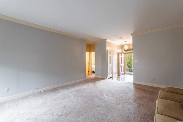 unfurnished living room featuring light carpet and crown molding