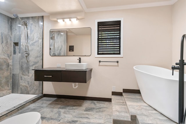 full bathroom featuring vanity, separate shower and tub, toilet, and crown molding