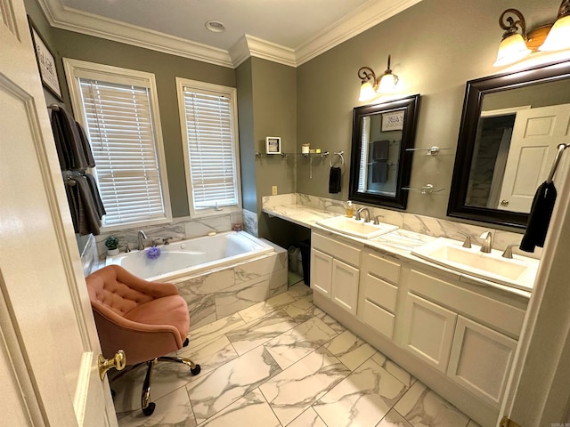 bathroom featuring vanity, tiled bath, and ornamental molding