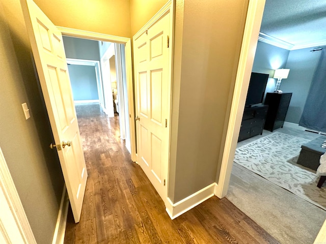 hall featuring hardwood / wood-style floors and ornamental molding