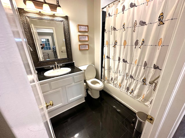 full bathroom featuring tile patterned flooring, shower / bath combo, toilet, and vanity