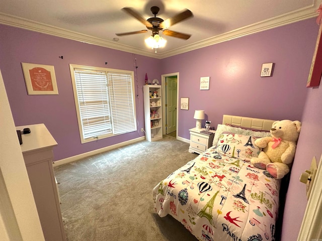 carpeted bedroom featuring ceiling fan and crown molding