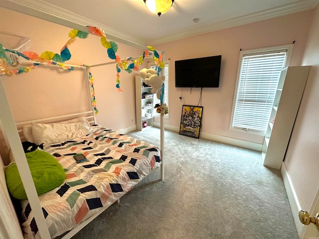 carpeted bedroom featuring crown molding