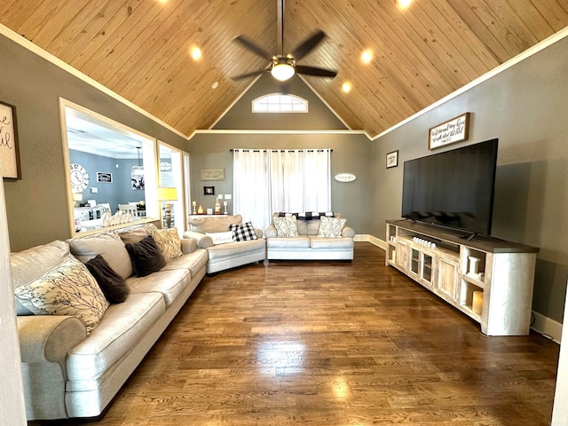 living room featuring hardwood / wood-style floors, wooden ceiling, high vaulted ceiling, crown molding, and ceiling fan