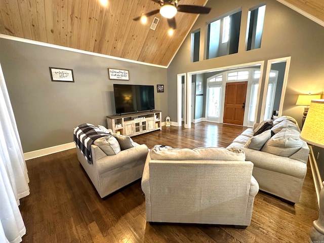 living room featuring ceiling fan, dark hardwood / wood-style flooring, wood ceiling, and high vaulted ceiling