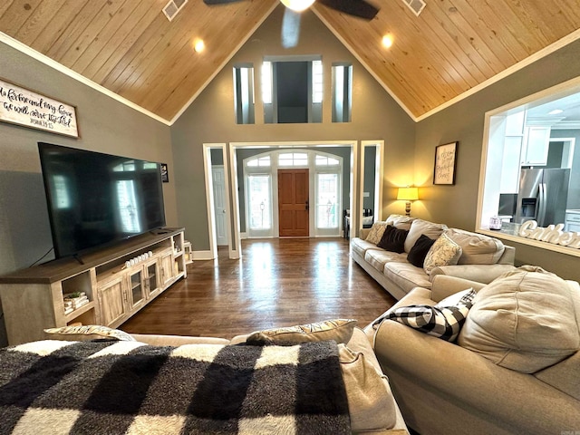 living room with crown molding, dark wood-type flooring, and wood ceiling