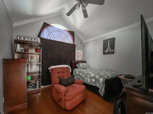 bedroom with hardwood / wood-style flooring, ceiling fan, lofted ceiling, and crown molding