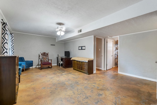 interior space featuring a textured ceiling, concrete floors, and ceiling fan