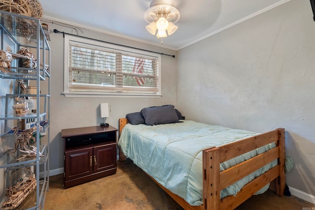 bedroom featuring light carpet, ceiling fan, and ornamental molding