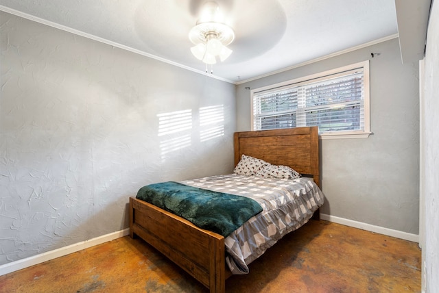 bedroom featuring ceiling fan and crown molding