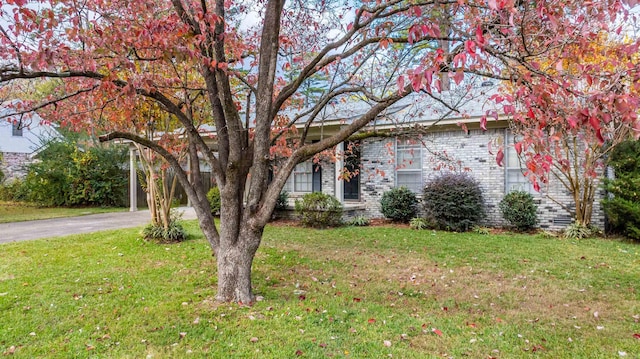 view of property hidden behind natural elements featuring a front lawn