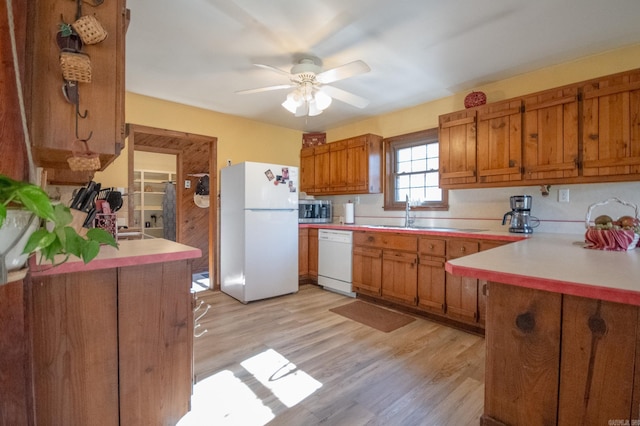 kitchen featuring ceiling fan, sink, tasteful backsplash, light hardwood / wood-style flooring, and white appliances