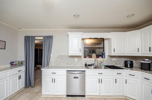 kitchen featuring white cabinets, stainless steel dishwasher, crown molding, and sink