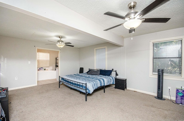 carpeted bedroom with beamed ceiling, ceiling fan, and a textured ceiling