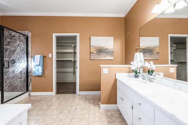 bathroom with tile patterned flooring, vanity, an enclosed shower, and crown molding