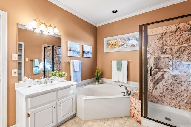 bathroom with tile patterned floors, crown molding, vanity, and independent shower and bath