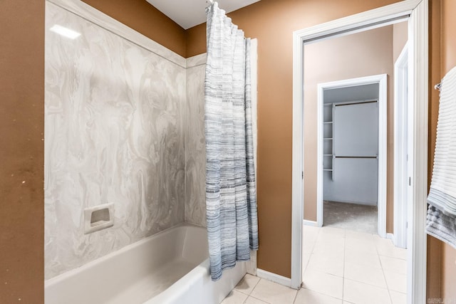 bathroom with tile patterned floors and shower / bathtub combination with curtain