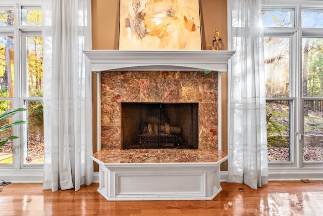 interior details with a fireplace and hardwood / wood-style flooring