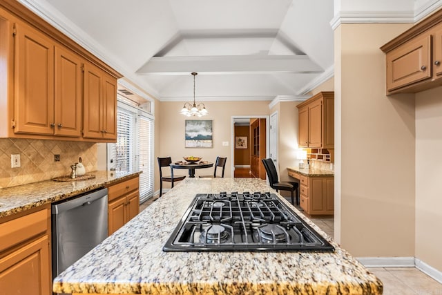 kitchen with backsplash, black gas cooktop, stainless steel dishwasher, light stone countertops, and a notable chandelier