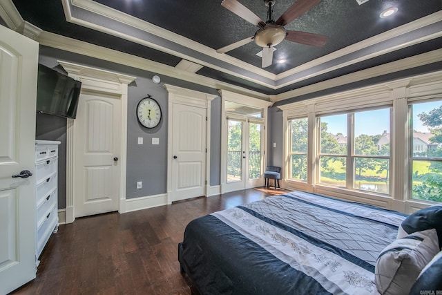 bedroom with dark hardwood / wood-style flooring, a raised ceiling, multiple windows, and ceiling fan