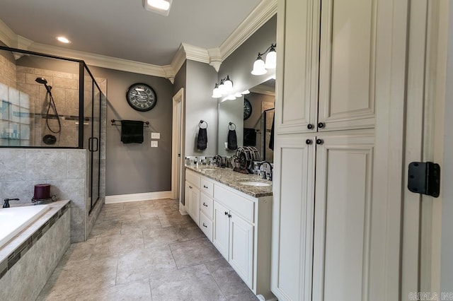 bathroom featuring vanity, independent shower and bath, and ornamental molding