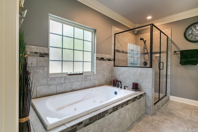 bathroom with separate shower and tub, crown molding, and tile patterned floors