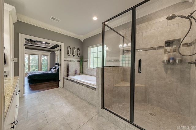 bathroom with vanity, a wealth of natural light, plus walk in shower, and ornamental molding