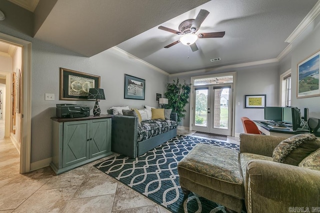 living room with ceiling fan, french doors, a textured ceiling, and ornamental molding