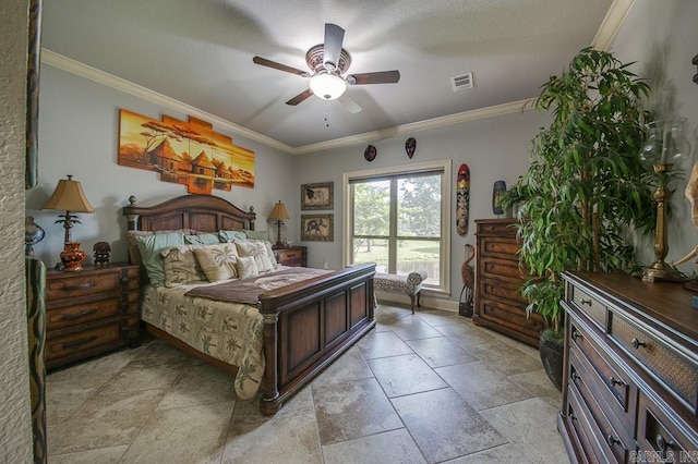 bedroom with a textured ceiling, ceiling fan, and crown molding