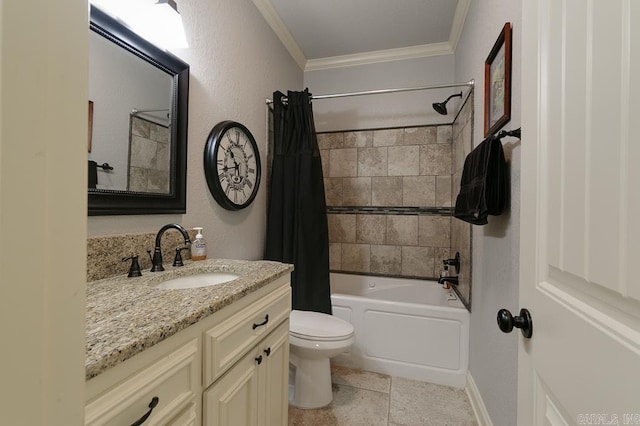 full bathroom featuring tile patterned floors, toilet, shower / bath combo with shower curtain, vanity, and ornamental molding