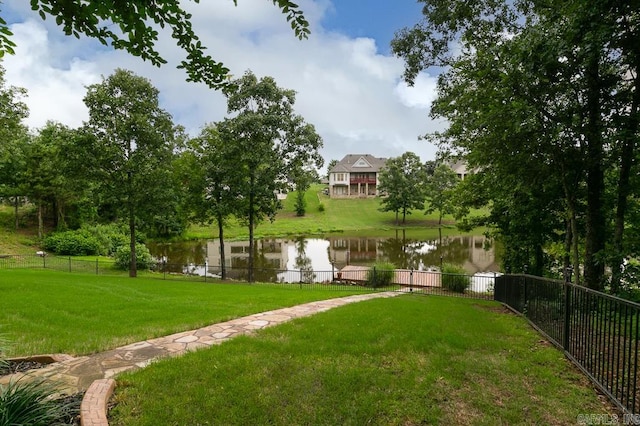 view of property's community featuring a yard and a water view