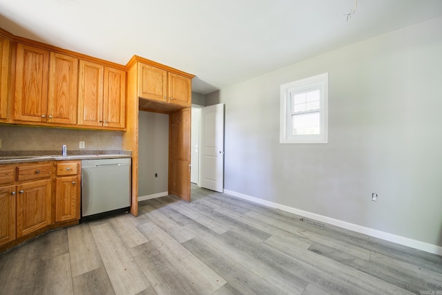 kitchen with dishwasher and light hardwood / wood-style flooring