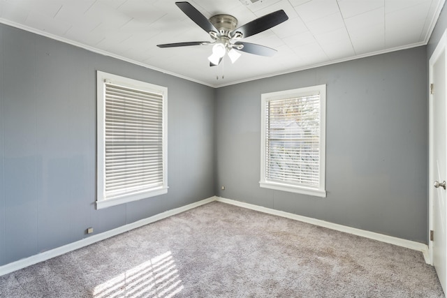 carpeted spare room with ceiling fan and ornamental molding