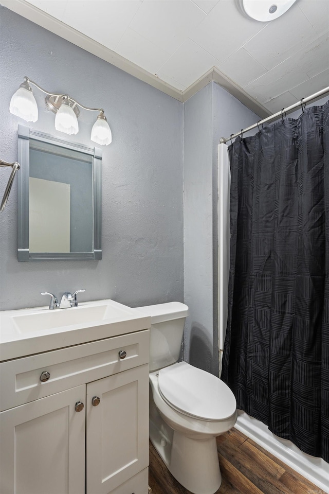 bathroom with wood-type flooring, vanity, and toilet