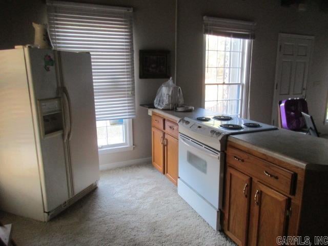 kitchen with plenty of natural light, white appliances, and light carpet