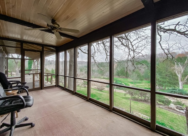 unfurnished sunroom with ceiling fan, plenty of natural light, and wooden ceiling